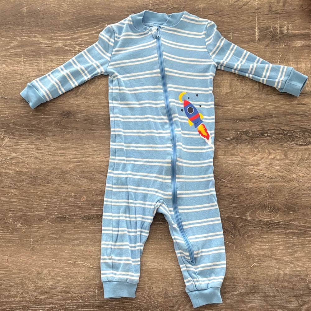 Blue Striped Kids One Piece with Rocket Design